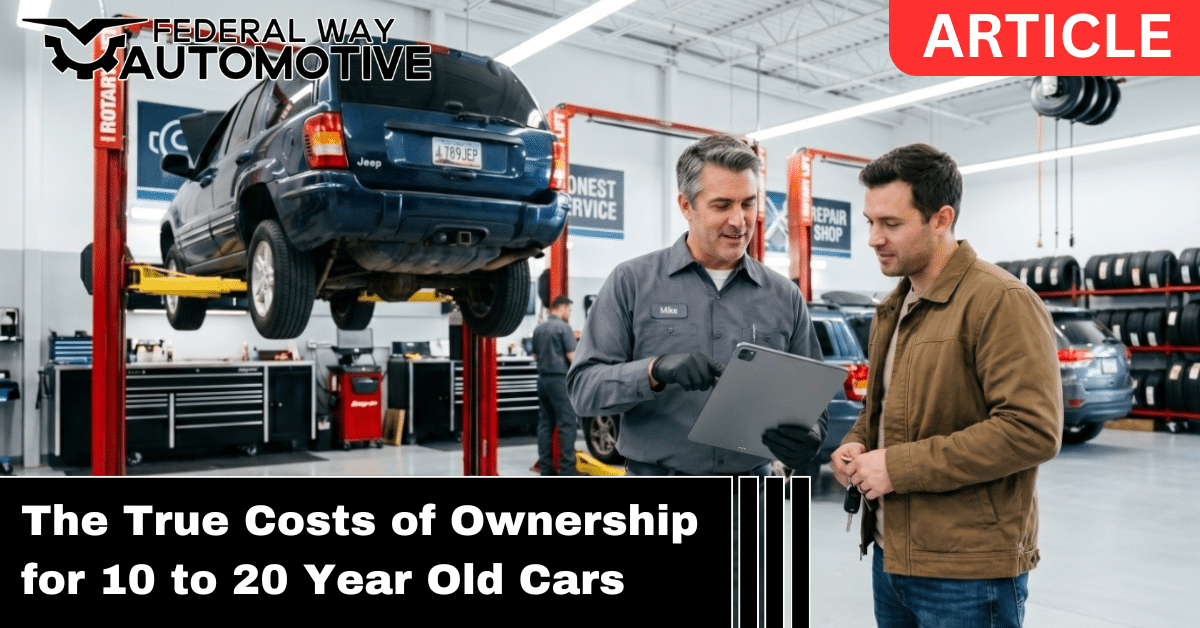 Mechanic explains repair details to a customer beside a lifted blue SUV in a bright auto shop, clipboard in hand for discussion of ownership costs in the article contextled scene