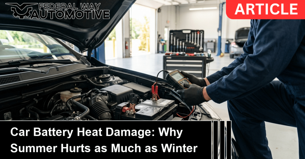 Technician testing a car battery for heat damage with a handheld tester in an auto repair shop bay