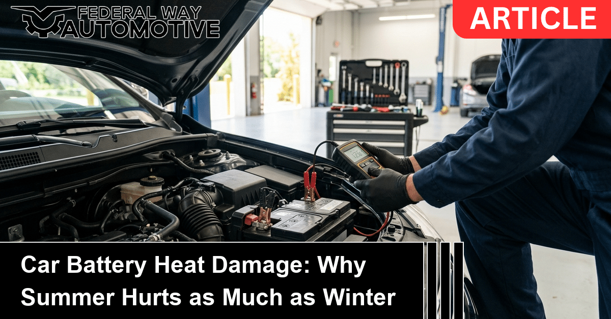 Technician testing a car battery for heat damage with a handheld tester in an auto repair shop bay