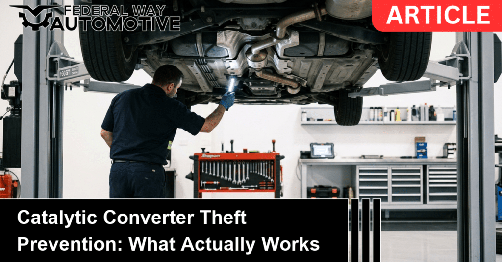 Technician inspecting a catalytic converter theft prevention shield in a clean auto repair shop