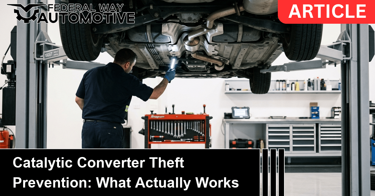 Technician inspecting a catalytic converter theft prevention shield in a clean auto repair shop