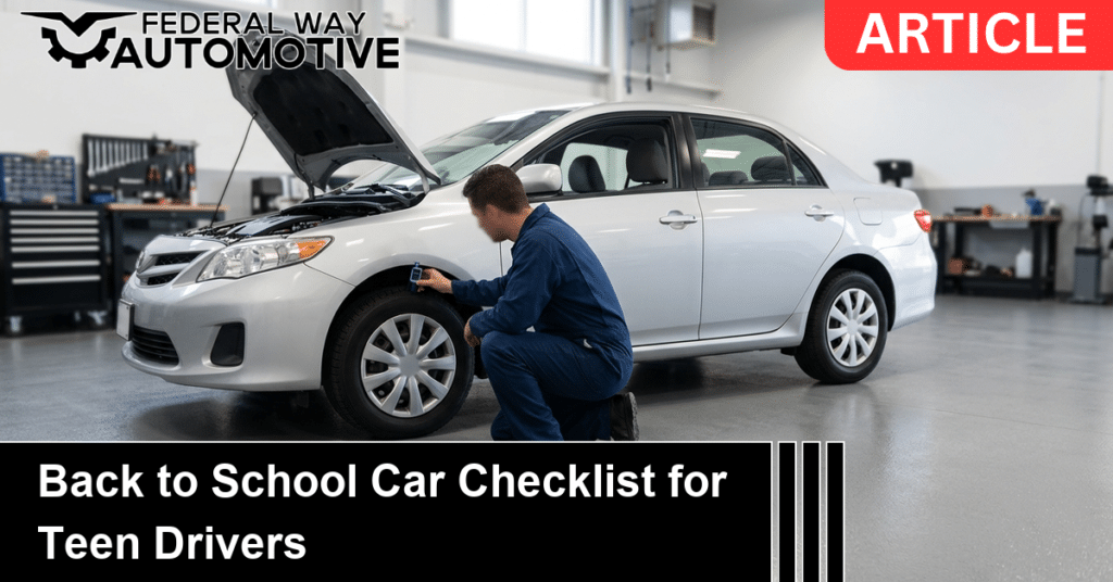 Technician checking tire tread during a back to school car checklist inspection
