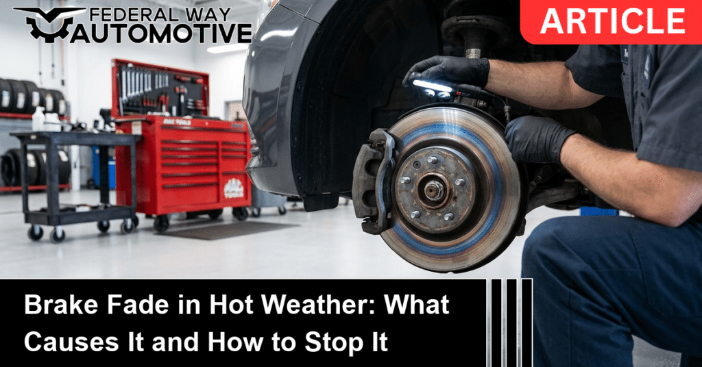 Technician shining a work light on a heat-discolored brake rotor in a clean shop