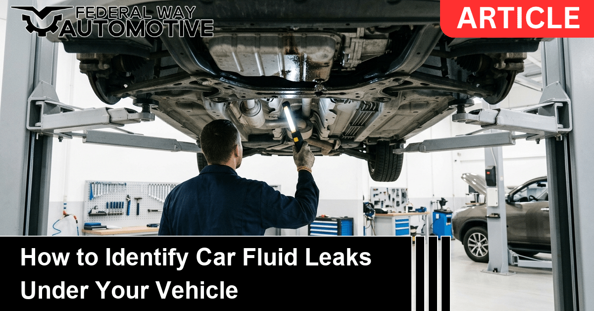 Technician using an inspection light to identify car fluid leaks under a vehicle