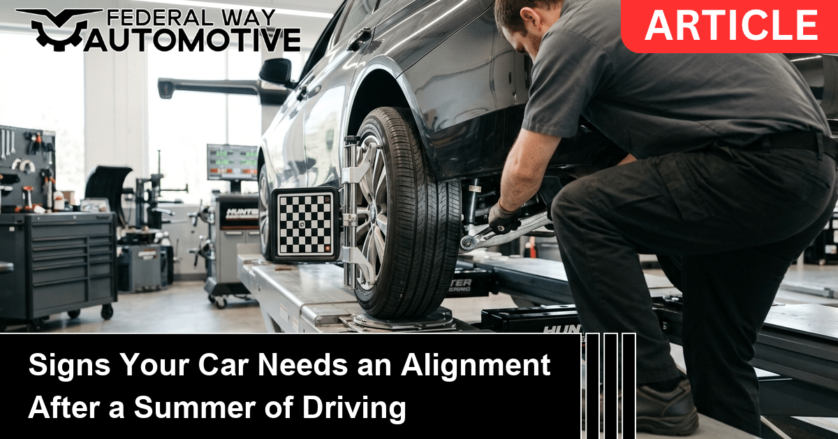 Car on an alignment rack showing signs your car needs an alignment