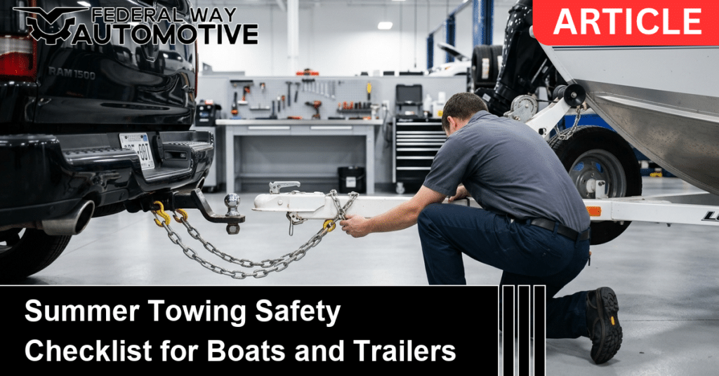 Technician inspecting a boat trailer hitch and safety chains on a pickup truck in a clean shop