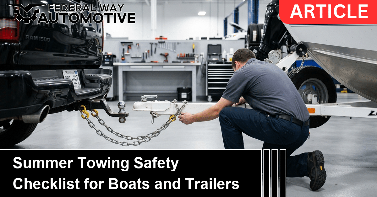 Technician inspecting a boat trailer hitch and safety chains on a pickup truck in a clean shop