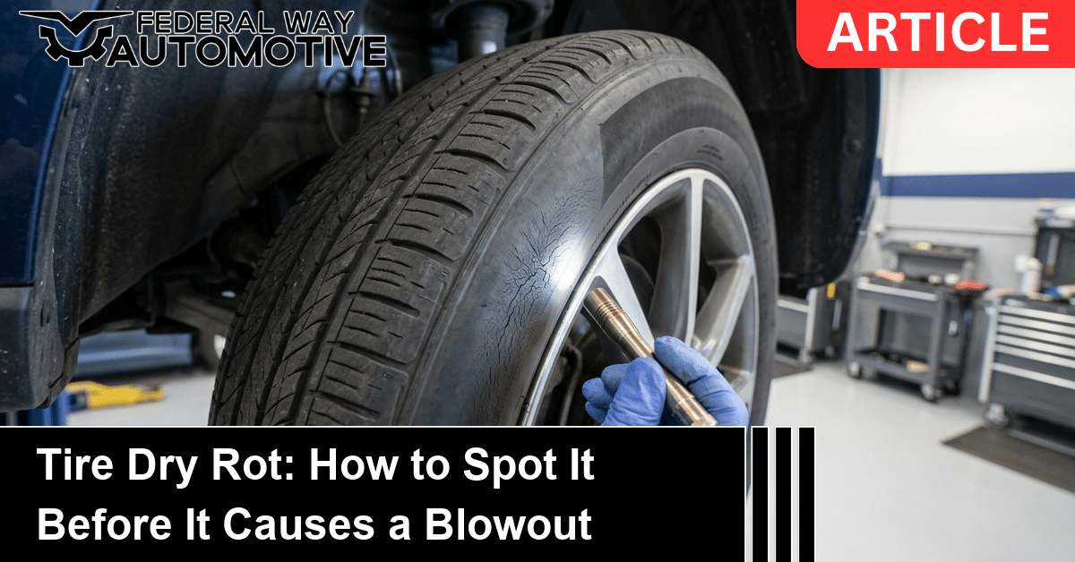 Flashlight on a cracked tire sidewall showing tire dry rot
