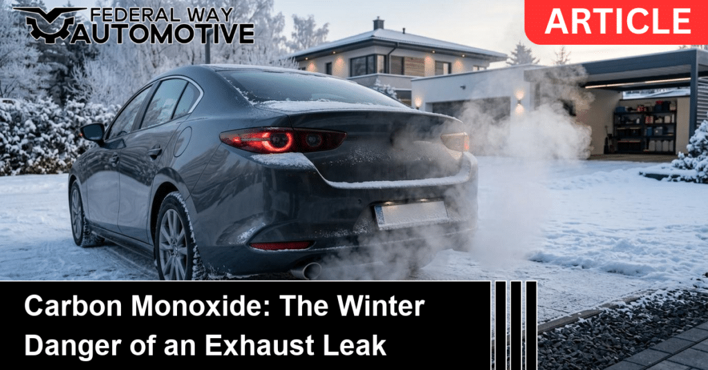 A car idling in a snowy driveway with exhaust billowing, illustrating the carbon monoxide danger of an exhaust leak in winter