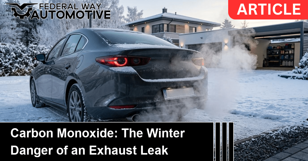 A car idling in a snowy driveway with exhaust billowing, illustrating the carbon monoxide danger of an exhaust leak in winter