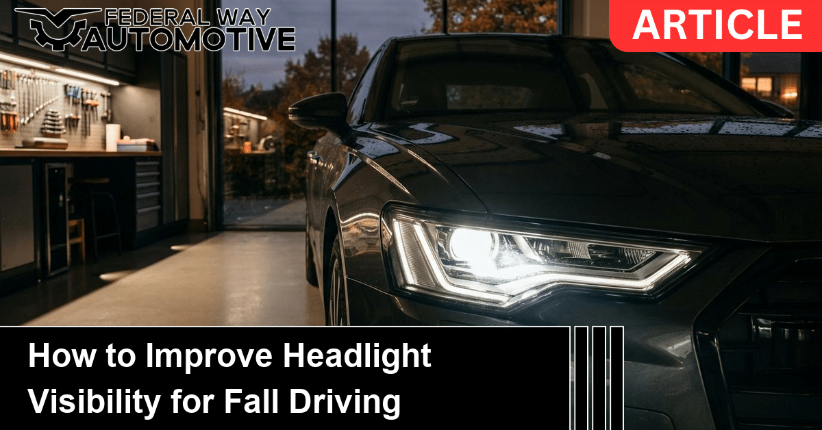 A car headlight lit at dusk in a clean garage, illustrating headlight visibility for fall driving