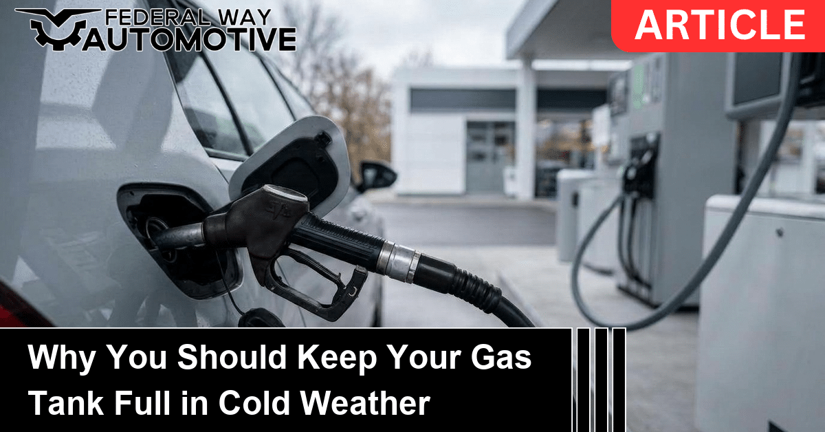 Refueling a car at a gas station on a cold day, a reminder to keep your gas tank full in cold weather