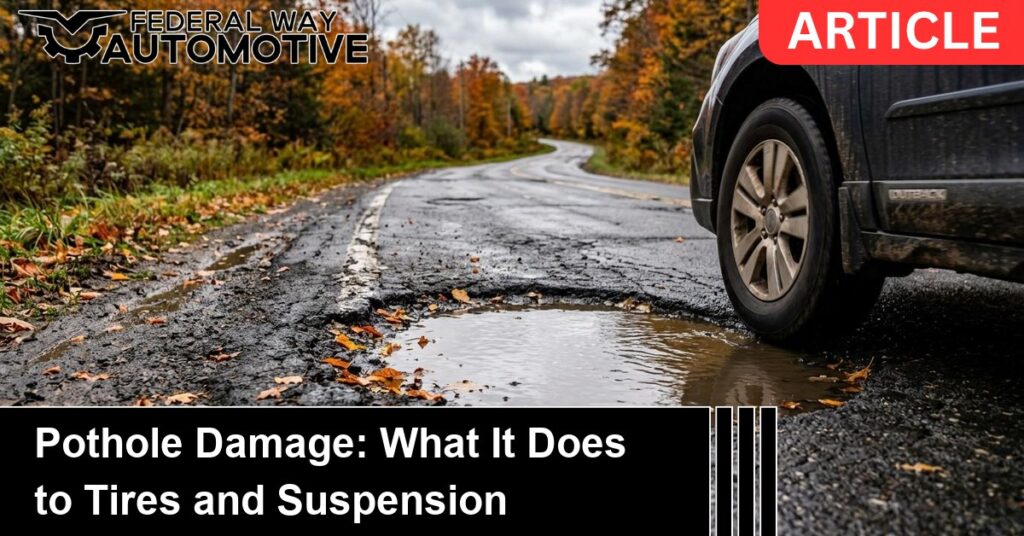 A water-filled pothole in a cracked autumn road beside an approaching tire, showing pothole damage