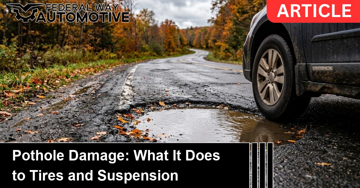 A water-filled pothole in a cracked autumn road beside an approaching tire, showing pothole damage
