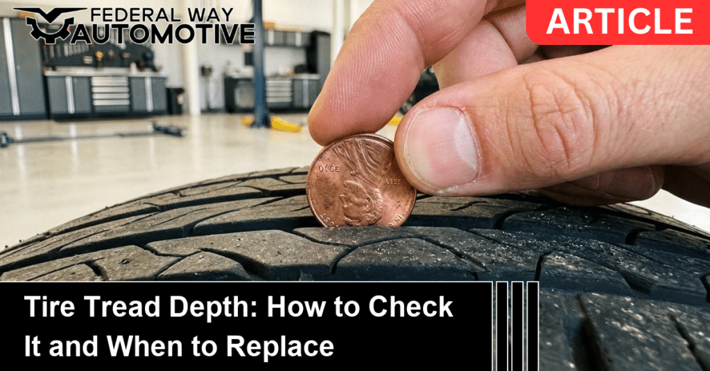 A penny placed head-down in a tire tread groove to check tire tread depth