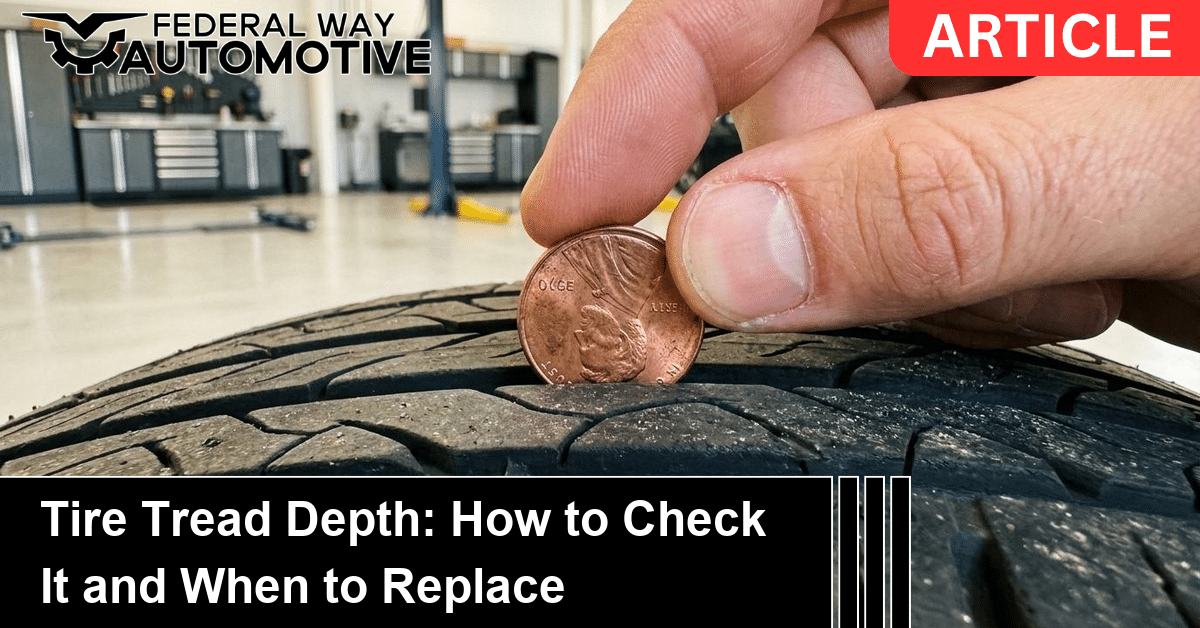 A penny placed head-down in a tire tread groove to check tire tread depth