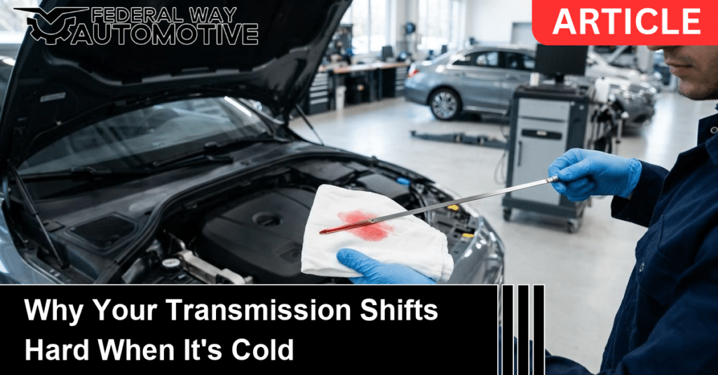 A mechanic checking bright red automatic transmission fluid on a dipstick, illustrating why a transmission shifts hard when it's cold