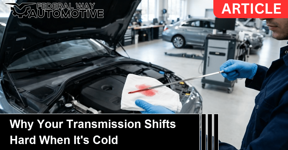 A mechanic checking bright red automatic transmission fluid on a dipstick, illustrating why a transmission shifts hard when it's cold